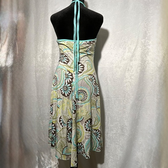 Baby Phat Halter Dress L Boho Floral Print Aqua Brown Asymmetrical Hem Y2K Retro - Picture 4 of 14